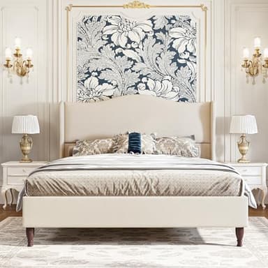 koorlian Full Size Bed Frame Upholstered Platform Bed with 51" Tall Headboard Wingback, Soft Fabric, Retro Simple Style Platform Bed No Box Spring Needed, Easy Assembly, Beige - Image 3