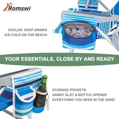 2Pk Aluminum 5-Position Lay Flat Folding Backpack Beach Chairs for Adults, with Cooler Bag, Cup&Phone Holder, Towel Bar for Outdoor Lawn Picnic Sport, Portable Foldable Camping Chairs, Blue Stripes - Image 5