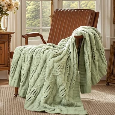 Amélie Home Chunky Knit Throw Blanket, Dual-Sided Soft Chenille Breathable Cable Knitted Blanket for Couch, Farmhouse Decorative Throw for Sofa & Chair, 50"x60", Sage Green - Image 2