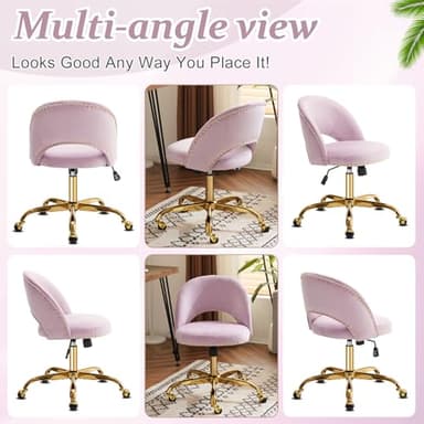 VINGLI Modern Velvet Small Office Chair,Cute Desk Chair With Wheels,Gold Base/Studs,Comfy Armless Swivel Vanity Task Chair For Women/Girl/Kids,Nail Tech Chair For Office,Small Space,Mauve Light Purple - Image 8