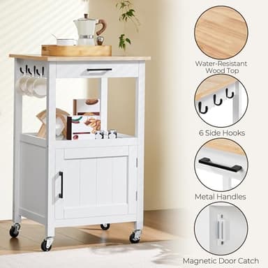 Yaheetech Rolling Kitchen Island with Single Door Cabinet, Kitchen Cart with Drawer on Swivel Wheels, Small Coffee Cart Microwave Stand with 3 Side Hooks for Dining Room, White - Image 4