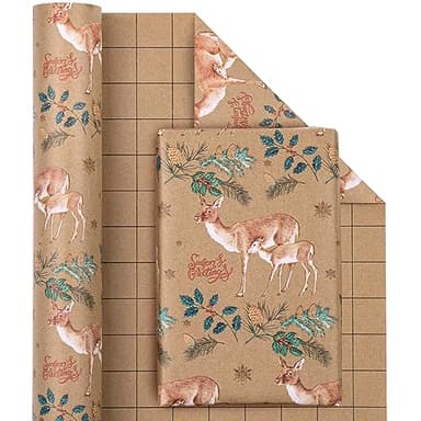WRAPAHOLIC Kraft Christmas Wrapping Paper - Mini Roll - 17 Inch x 33 Feet - Reindeer Wrapping Paper with Holly Design for Christmas, Holiday, Party Celebration - Image 3