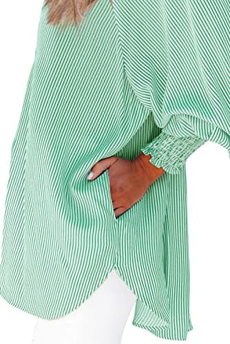 Womens Smocked Cuffed Striped Boyfriend Shirt Casual Collar Long Sleeve Oversized Button Down Blouse Tops with Pocket Shirred Green - Image 5
