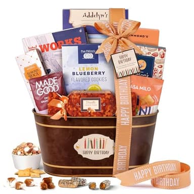 Broadway Basketeers Happy Birthday Gift Basket with Chocolates & Sweets Send Happy Birthday Wishes With This Beautiful Display Basket Enjoy a Large Assortment of Sweets & Savory Treats, Perfect for Mom, Dad, Friends - Image 1