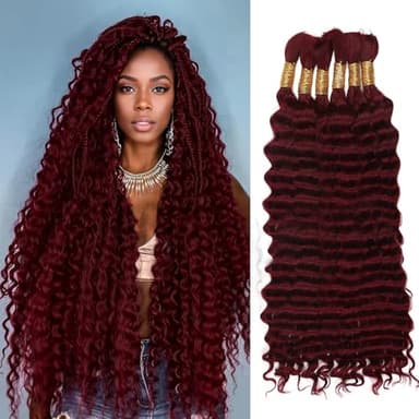 99j Burgundy Human Braiding Hair for Boho Braids,150g 22 inch 6 Bundles Burgundy Deep water Wave Bulk Boho Curly Human Hair for Braiding,Wine red No Weft Wet and Wavy Braiding Hair Extensions - Image 1