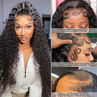 SYHGK 13x6 Deep Wave Lace Front Wigs Human Hair Wigs HD Transparent Deep Curly Lace Frontal Glueless Wigs Human Hair Lace Front Wigs Pre Plucked 150% Density Natural Black 36 Inch - Image 3
