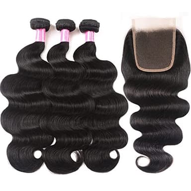 Brazilian Human Hair 3 Bundles with Closure（20 22 24+18）Body Wave 100% Unprocessed Virgin Hair Bundles with 4x4 Lace Closure Free Part Natural Black Color - Image 6