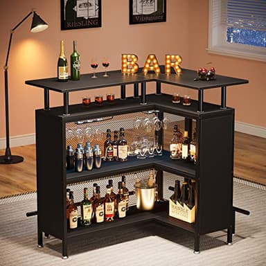 Tribesigns Home Bar Unit, L-Shaped Bar Table with Stemware Racks and 2-Tier Shelves, Corner Mini Coffee Liquor Cabinet with Footrest for Home/Kitchen/Pub, Black - Image 3