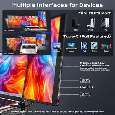 SMISEACOW Laptop Screen Extender F3, Triple Portable Monitor 14-inch 360 Degrees Rotation with Stand, IPS FHD 1080P Workstation for Windows/Mac/Linux/Chrome Compatible with Notebook/Mini PC - Image 4
