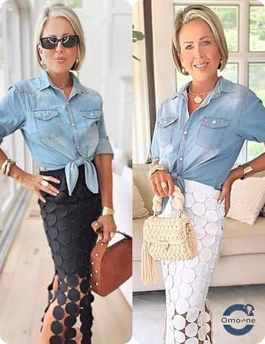 Omoone Women's 3/4 Sleeve Denim Crop Top Tie Knot Shirt Cardigan (0774-Light Blue-M) - Image 3
