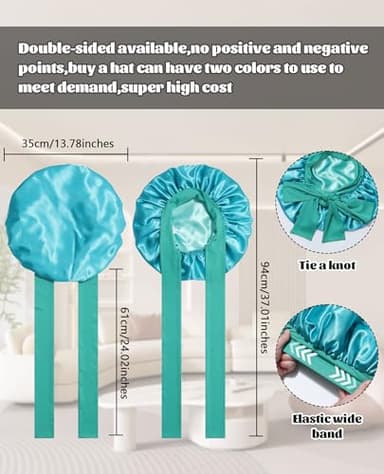 Satin Bonnet Silk Bonnet for Sleeping Silk Sleep Cap Double Layer Hair Bonnet with Elastic Tie Band for Curly Hair Night Cap (Peacock green+Wheat green) - Image 3
