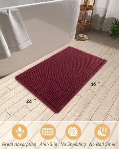 AMOAMI Upgraded Waffle Bath Mat, Super Absorbent Non Slip Bath Mats for Bathroom Floor, Machine Washable Bathroom Rugs with Tassels, Rubber Backed Bathroom Mats, Ultra Soft, 24" x 36", Burgundy - Image 2