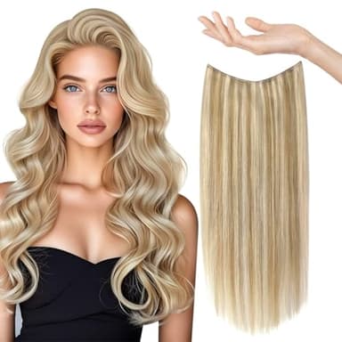 Sunny Wire Hair Extensions Real Human Hair Fish Line Human Hair Extensions Invisible Wire Extensions Lightest Brown with Platinum Blonde Highlights #P10/60 14 Inch - Image 1