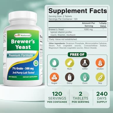 Best Naturals, Brewers Yeast, 7-1/2 Grains with Vitamin B1, Vitamin B2, 1000 mg 240 Tablets (240 Count (Pack of 1)) - Image 2