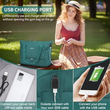ETRONIK Gym Bag for Women, Travel Duffel Bag with USB Charging Port, Weekender Overnight Bag with Wet Pocket & Shoes Compartment for Women, Travel, Gym, Yoga (Malachite Green) - Image 6