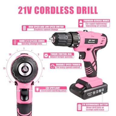 Pink 21V Cordless Drill Set for Women,Power Cordless Drill with Battery and Charger,Lightweight Complete Womens Tool Kit for House,Pink Tools Set with Electric Drill Driver for Home Office Repair - Image 2