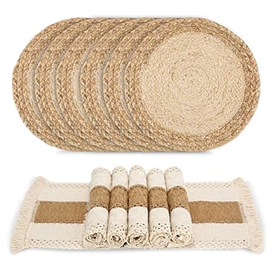 Zology Handmade Boho Placemats Set of 6 - Natural Cotton Burlap and Water Straw Woven Combination Table Mats, Macrame Décor and Farmhouse Style Placemats, for Dining Table Kitchen - Image 1