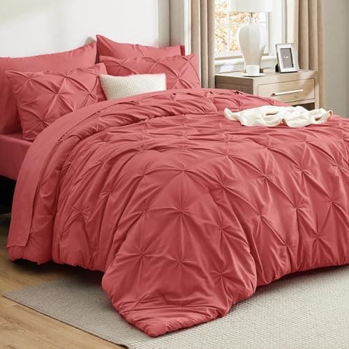 Bedsure King Size Comforter Set Coral Red - Bed in a Bag King Size 7 Pieces, GentleSoft™ Pintuck Bed Set Gift for Family, Pinch Pleat Coral Red Comforter with Sheets, Pillowcases & Shams - Image 1
