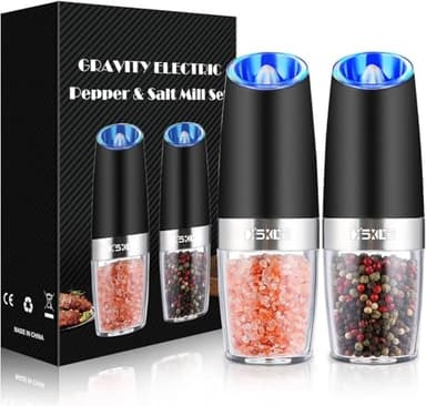 XinXu Gravity Electric Pepper and Salt Grinder Set, Adjustable Coarseness, Battery Powered with LED Light, One Hand Automatic Operation, Black -2 Pack - Image 1