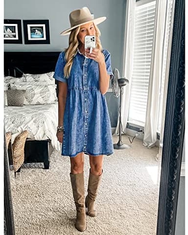 LookbookStore Jean Dress for Women Trendy Denim Babydoll Dress Short Sleeve Holiday Dresses for Women Summer 2025 Reef Blue Size 8 10 - Image 6