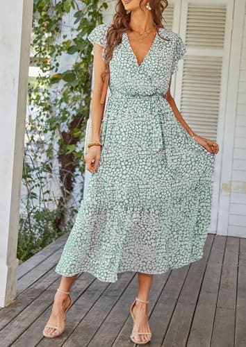PRETTYGARDEN Women's Summer Floral Boho Dress Wrap V Neck Short Sleeve Ruffle A-Line Flowy Maxi Wedding Guest Dresses (Green_01,Large) - Image 2