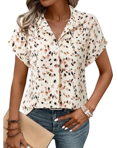 Timeson Summer Tops for Women: Dressy Casual – Short Sleeve Shirts for Women – Ladies Office Blouses Formal Trendy 2025 Cute Business Work Attire Chiffon Professional Interview Outfits Beige Dots L - Image 2