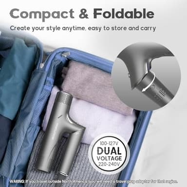 BEAUTURAL Hair Dryer, 1600W High-Speed Foldable Travel Blow Dryer, 110,000 RPM Brushless Motor Million Ionic for Fast Drying & Frizz Control, 3 Temps & 3 Speeds, Dual Voltage for Worldwide Use - Image 4