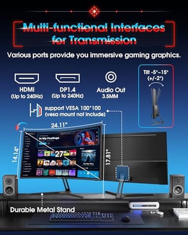 SANSUI 27 Inch Curved 240Hz Gaming Monitor FHD 1080P, 1500R Curve Computer Monitor, 130% sRGB, 4000:1 Contrast, HDR, FreeSync, MPRT 1Ms, Low Blue Light, HDMI DP Ports, Metal Stand, DP Cable Incl. - Image 9