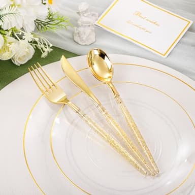 Liacere 150PCS Clear Gold Plastic Plates - Gold Plastic Silverware with Glitter Handle - Clear Disposable Plates Include 30 Guests Plates, Forks, Spoons, Knives for Wedding & Party&Chrismas - Image 9