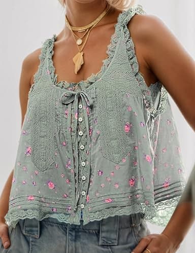 Womens Summer Boho Lace People Free Inspired Clothes Tie Front Dupes Tank Beach Vacation Green Tops Tops Button Down Sleeveless Blouses Ruffled Chiffon Mesh Crop Fashion Cute 2025 Y2K Top Clothes - Image 3