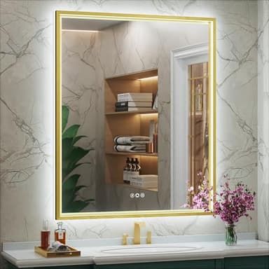 JSneijder 30x36 Inch Gold LED Bathroom Mirror with Front & Back Lights, Adjustable 3000K/4500K/6000K, Wall Mounted Lighted Bathroom Vanity Mirrors, Anti-Fog, Dimmable, Horizontal/Vertical - Image 1