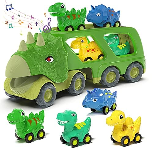 Veslier Dinosaur Car Toy for 3 4 5 Years Old Boys, Friction Power Carrier Truck with 4 Pack Small Pull Back Dino Car, Christmas Birthday Gift for 3+ Boy Girl Kids Toddlers - Image 1