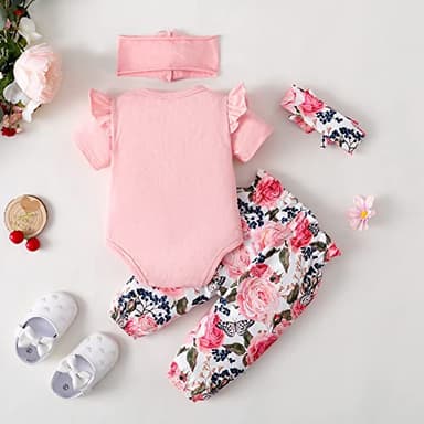 SUNNY PIGGY Newborn Baby Girl Clothes Ruffle Short Sleeve Romper Clothes Baby Girls’ Clothing Floral Cotton Pant Sets 0-3 Months Girl Outfits Pink - Image 5