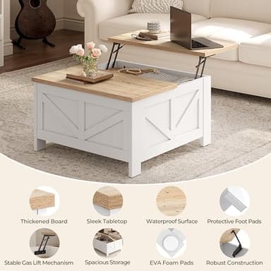 Yaheetech Farmhouse Lift Top Coffee Table with Storage, Square Coffee Table for Living Room, 31.5 Inches Center Tables with Large Hidden Storage Compartment for Home Office, White & Light Oak - Image 9