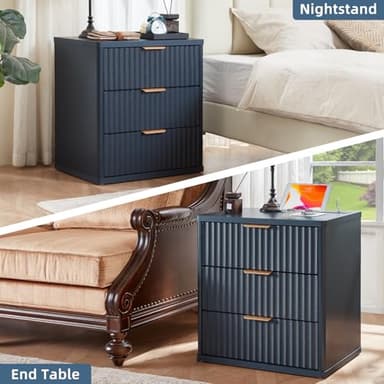 LEYAOYAO 23" Wide Fluted Night Stand with Charging Station, 3 Drawers Large End Table with Storage, Navy Blue Nightstand Wood Bedside Tables, Farmhouse Cabinet Dresser for Bedroom,Closet - Image 6