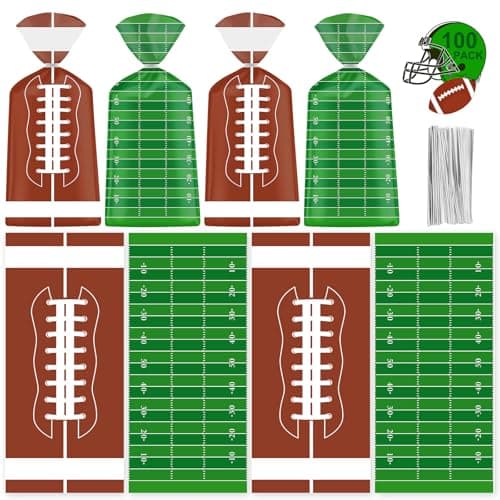 100 Pcs Football Goodie Bags - Brown Green Football Treat Bags, Plastic Rugby Sport Cellophane Snack Gift Candy Goody Bag with Silver Twist Ties for Sports Team Events Birthday Party Favors Supplies - Image 1