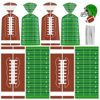 100 Pcs Football Goodie Bags - Brown Green Football Treat Bags, Plastic Rugby Sport Cellophane Snack Gift Candy Goody Bag with Silver Twist Ties for Sports Team Events Birthday Party Favors Supplies - Image 1