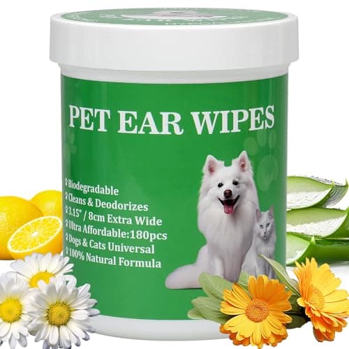 Lisveory 180ct Biodegradable Dog Ear Cleaner Wipes, 8cm XL-Size Ear Wipes for Dogs and Cats, Remove Ear Wax Debris, Relief Ear Itchy, Eliminate Odors, All Natural Pet Otic Cleaning Wipes