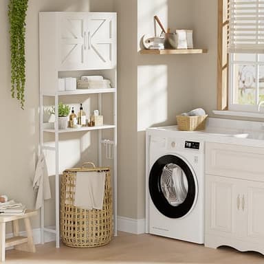 MEUIS Over The Toilet Storage Cabinet - Farmhouse Bathroom Shelves with Doors Freestanding Organizer Narrow Floor Stand Shelf Above Toilet 71" Tall, Distressed White - Image 6