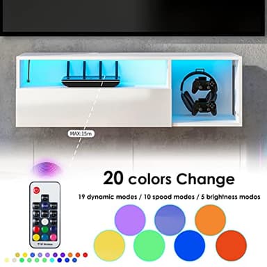sogesfurniture 39.3'' Floating Wall TV Cabinet Stand with LED Lights, Wall Mounted Entertainment Center with Storage Shelves, Modern High Gloss Media Console for Living Room, Bedroom - Image 8