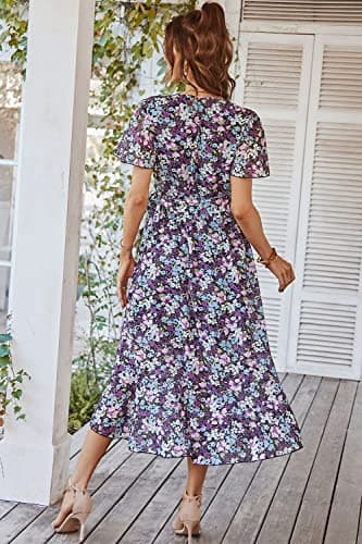 PRETTYGARDEN Women's 2024 Floral Boho Dress Wrap V Neck Short Sleeve Belted Ruffle Hem A-Line Flowy Maxi Dresses (Purple Floral,X-Large) - Image 3
