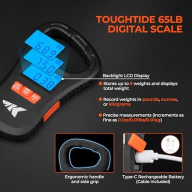 KastKing ToughTide 7pc Fishing Tool Kit, Rechargeable Digital Fish Scale with Lip Grip & Tape Measure, 7” Fillet Knife with Sheath & Sharpener, 8” Split Ring Pliers, Hook Remover, Microfiber Towel - Image 2