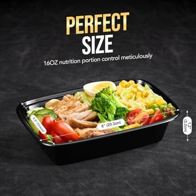 20-Piece (10-Pack) 16 OZ Meal Prep Containers Reusable with Lids, Sturdy Leakproof & Food Safe, Microwave, Freezer, Dishwasher Safe To Go Food Containers, Plastic Take Out Containers, Black - Image 6