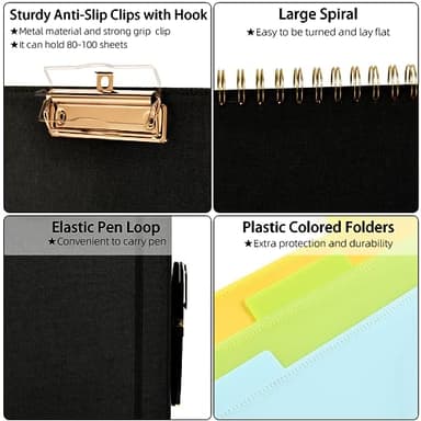 Ospelelf Black Foldable Spiral Clipboard Folio with Storage Zipper Pouch, 5 Plastic Folders with 10 Pockets,Refillable Lined Notepad (11" x 8.5"), Hardcover Project Organizer with 39 Stickers - Image 4