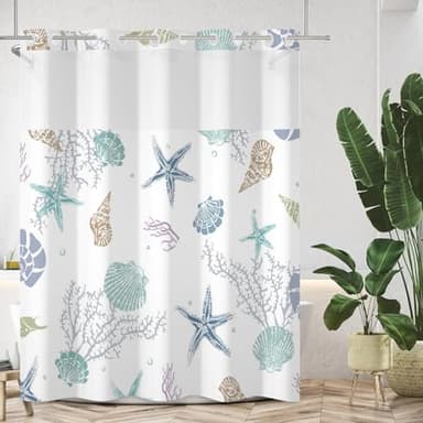 Meiguiman No Hook Shower Curtain Nautical Coastal Shower Curtain with Snap in Liner Set Ocean Beach Coral Starfish Bathroom Curtains No Hook Double Layers Fabric Washable 71x74 Inch - Image 8