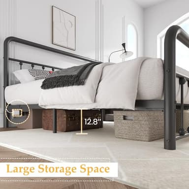 Fluest 14 Inch Queen Bed Frame Classic Metal Platform Bed Frame with Charging Station & LED, Victorian Style Iron-Art Headboard/Footboard, Under Bed Storage, No Box Spring Needed, Noise Free - Image 5