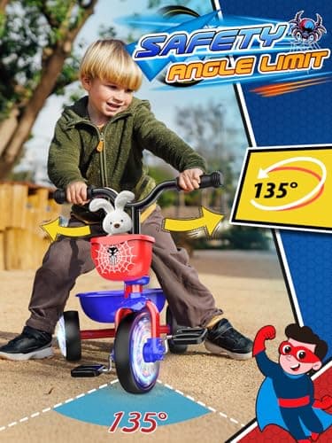Tricycle for Toddlers 1-3 3-5 Year Olds, Spider Toddler Bike Baby Balance Bike with Colorful Lighting Wheels & Large Basket, Birthday Gift and Toy for 1 2 3 4 5 Year Olds Boys and Girls - Image 4