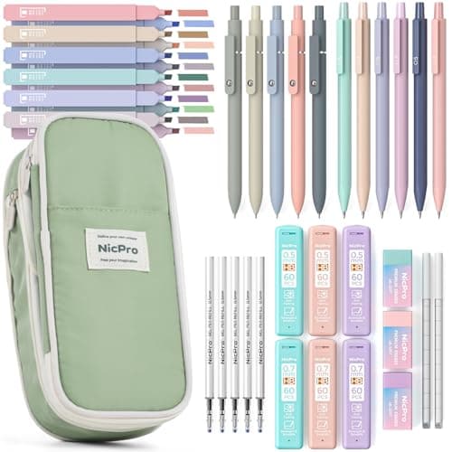 Nicpro 39 PCS Aesthetic School Supplies with Cute Pencil Case, 12 Color Pastel Highlighters, 5 Quick Dry Retractable Black Ink Pens, 6 Pastel Mechanical Pencil 0.5 & 0.7 mm for Student Stationary - Image 1