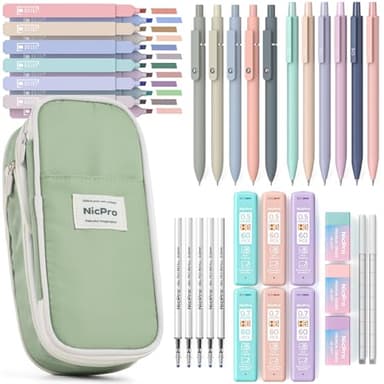 Nicpro 39 PCS Aesthetic School Supplies with Cute Pencil Case, 12 Color Pastel Highlighters, 5 Quick Dry Retractable Black Ink Pens, 6 Pastel Mechanical Pencil 0.5 & 0.7 mm for Student Stationary - Image 1