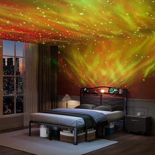 HAVONIZD Full Bed Frame - Storage Headboard with Charging Station & Galaxy Aurora Projector, 14 Inch Sturdy Metal Platform Bed Frame No Box Spring Needed, Easy Assembly, No Noise, Brown - Image 1